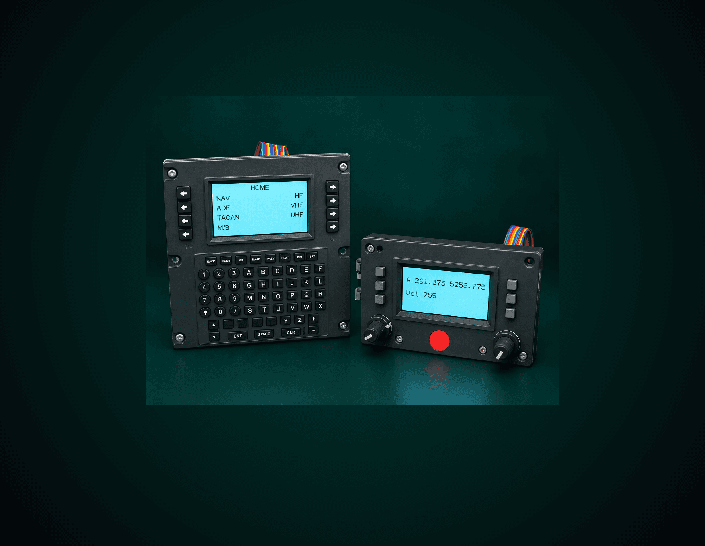 Two avionics radio control units: a CDU-style unit with a NAV/ADF/TACAN/HF/VHF/UHF menu and full keypad, and a compact control head with dual tuning knobs showing an active and standby frequency