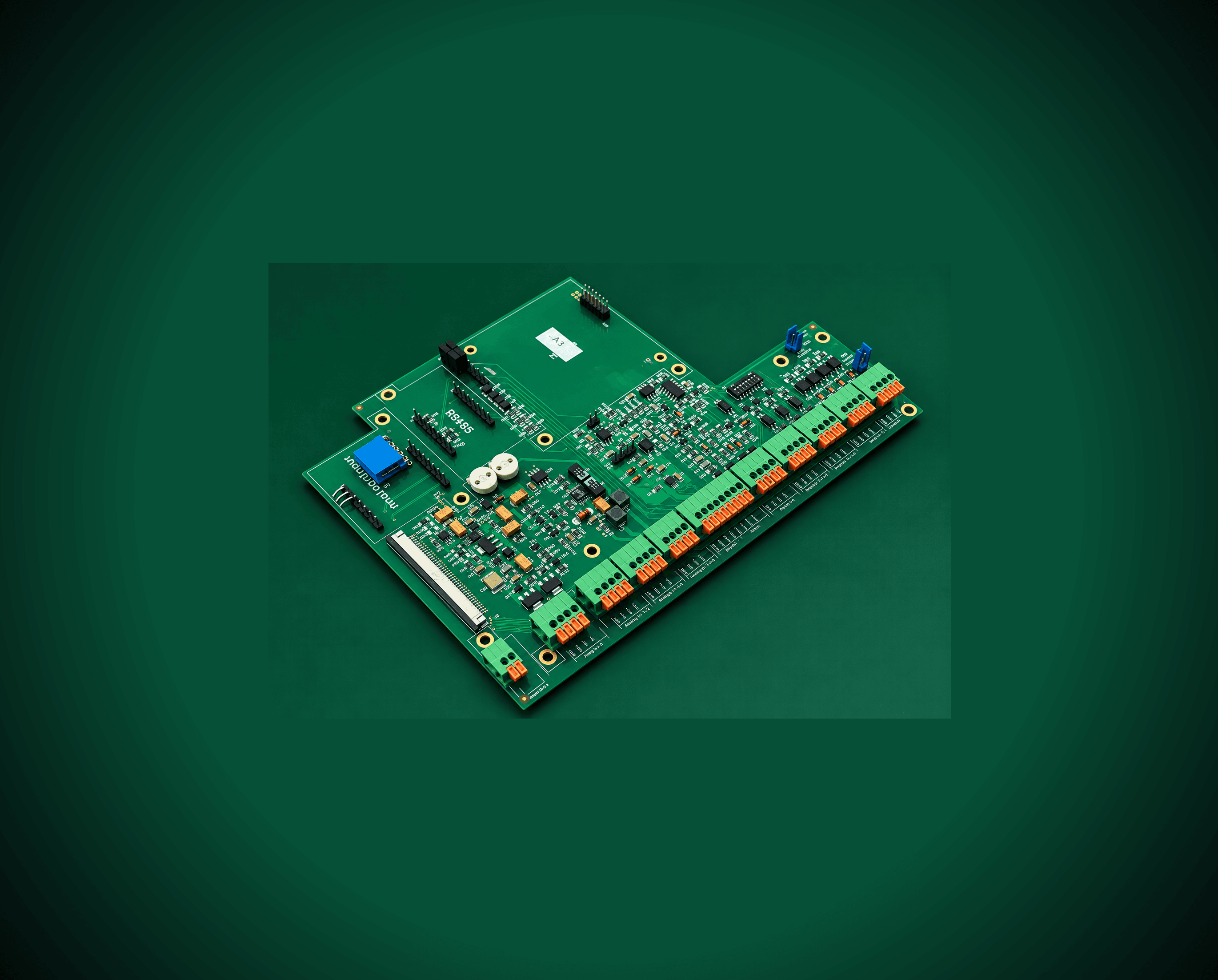 Populated analog and digital I/O board with RS485, screw-terminal sensor inputs, and EVC/modem supply connectors