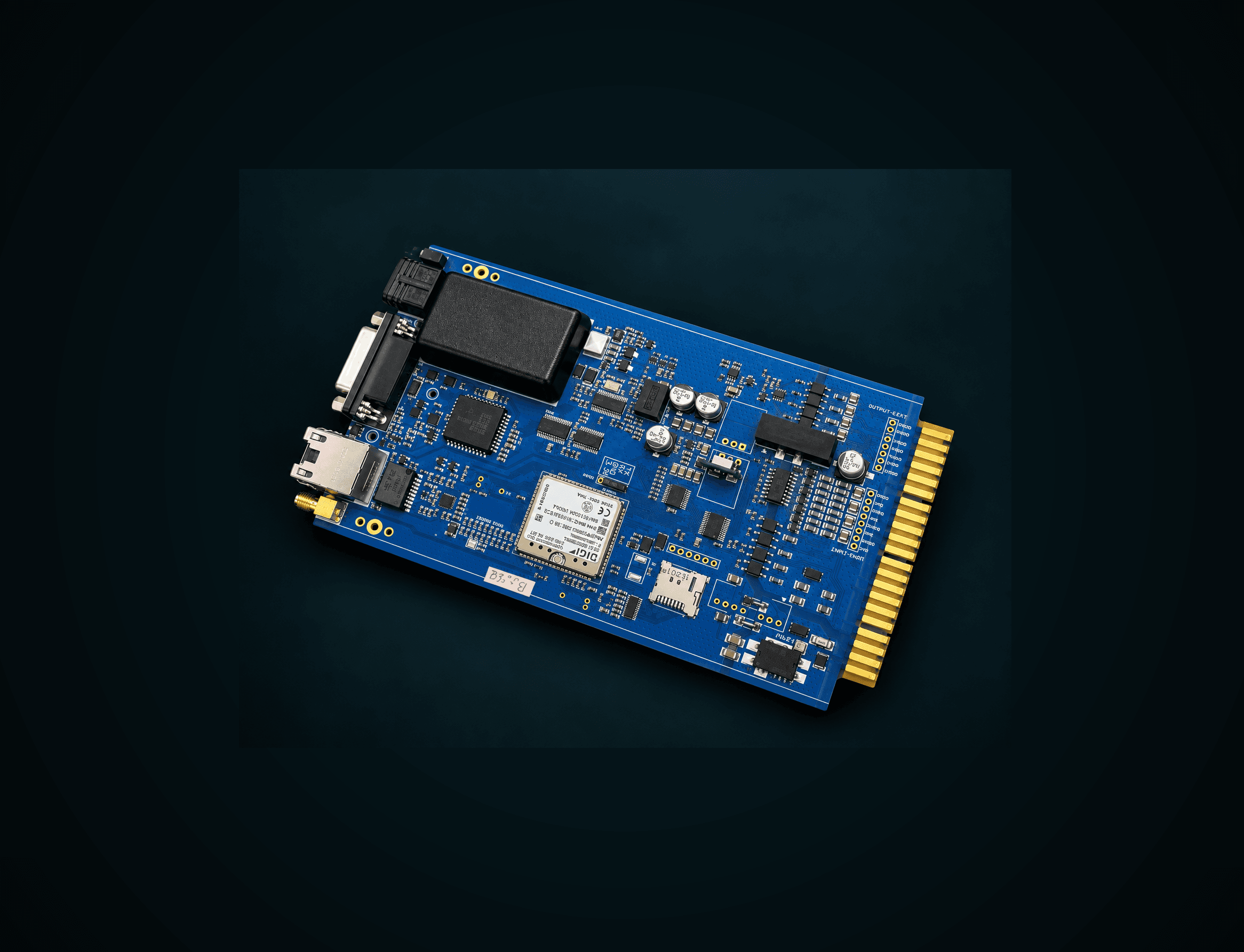 The traffic controller carrier board populated with its SOM, Ethernet jack, DB connector, USB-C port, wireless module, SD card slot, and gold edge-connector pins for the cabinet interface